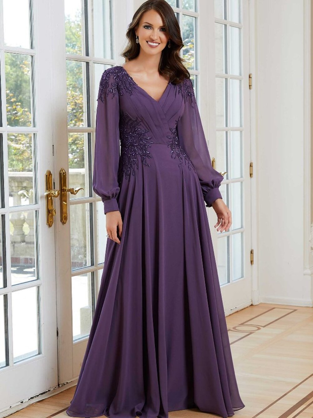 Formal Long Sleeve Beaded Aline Mother of the Bride Gown MGNY 72717 Iris Purple